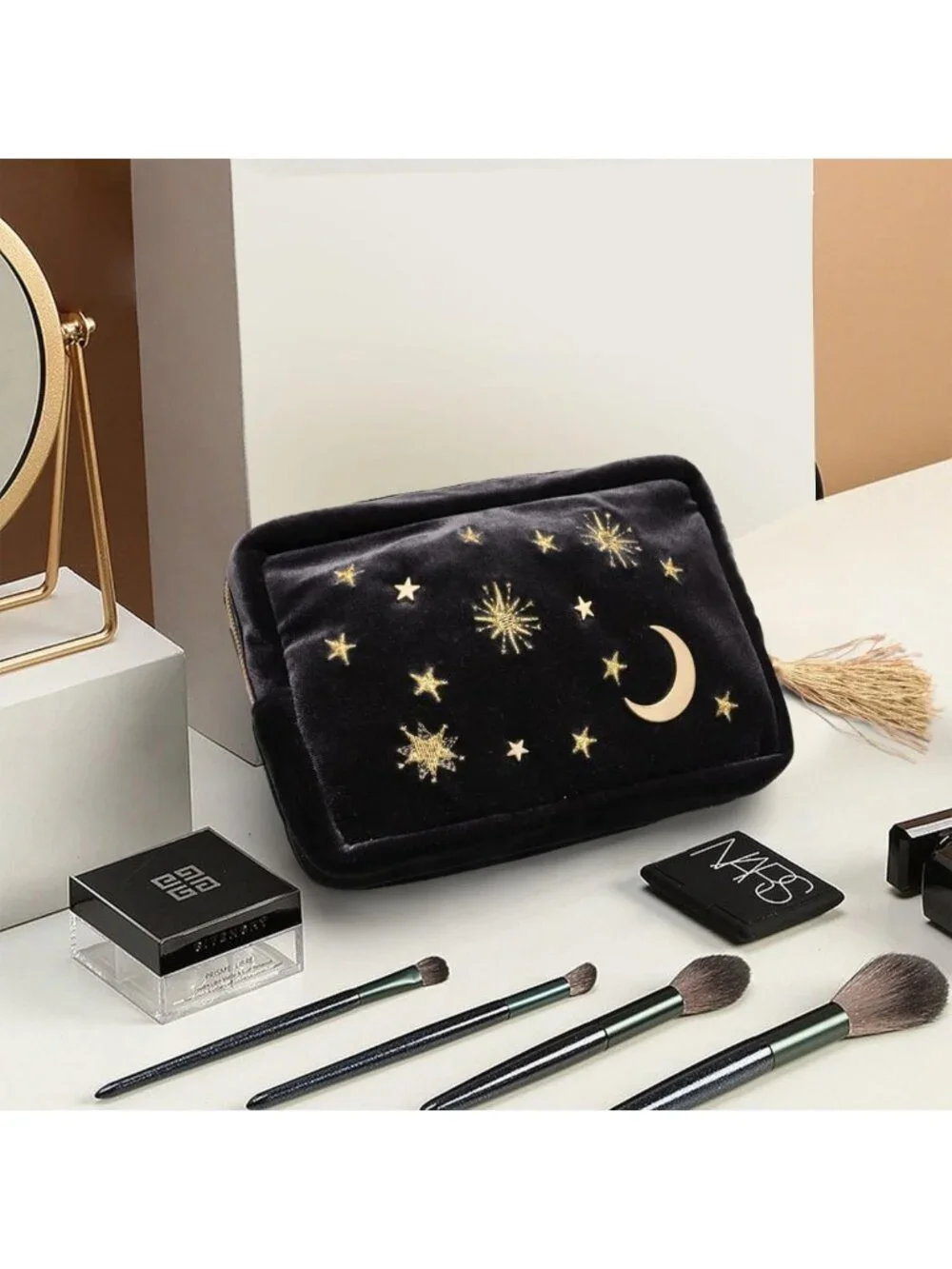 Navy Velvet Starry Makeup Bag with Tassels & Pearl Zipper - Cosmetic Storage
